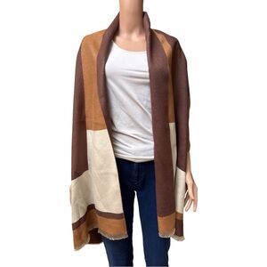 Big Beautiful Colorblock  Brown and Cream Wrap or Scarf with fringe hem